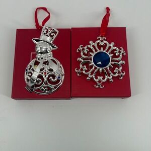 Lenox 2 Bejeweled Silver plated Christmas ornaments snowman and snowflake